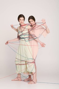 Şık giyinmiş genç ve güzel ikiz kardeşler birlikte neşeli bir an yaşarlar..