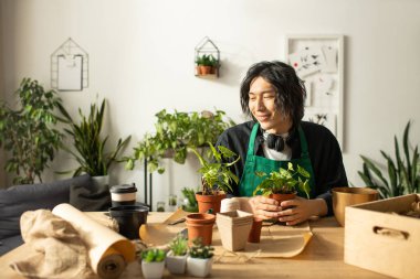 Genç Asyalı adam yeşillik dolu parlak bir çiçek stüdyosunda saksı bitkilerini düzenlemekten hoşlanıyor..