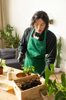 Kendini adamış bir çiçekçi, parlak yeşil bir alanda küçük bitkiler besler..