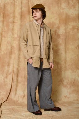 Kendine güvenen genç adam modern kıyafetler ve hafif ışıklandırmada eşsiz aksesuarlar sergiliyor..