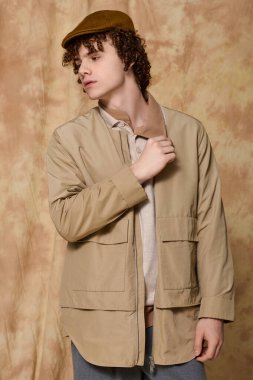 Yakışıklı genç adam rahat duruşu ve düşünceli ifadesiyle modaya uygun kıyafetler sergiliyor..