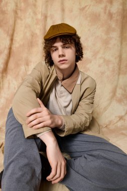 Yakışıklı genç zarif pozlar veriyor. Sıcak bir arka planda, ışık saçan bir tarzı ve cazibesi var..