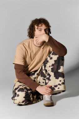 Kendine güvenen genç adam modaya uygun bir şekilde poz veriyor, modern stili minimalist bir ortamda yakalıyor..