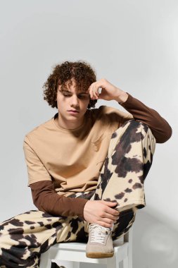 Tarz sahibi bir genç, modaya uygun inek desenli bir pantolon ve sıradan bir tişörtle bir taburede oturur..