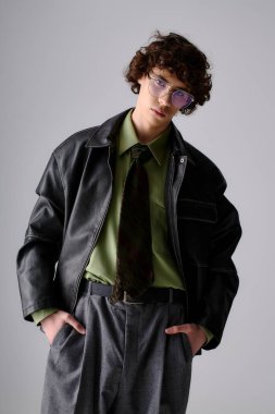 Moda kıyafetleri içinde kendine güvenen genç bir adam tarafsız bir arkaplanda duruyor, şık bir görünüm sergiliyor..