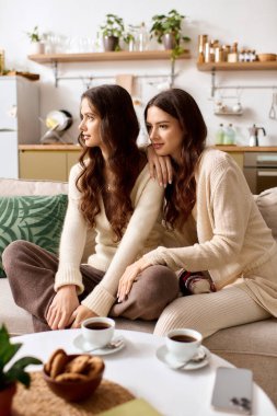 Genç ikiz kardeşler birlikte rahat zamanları paylaşıyor, şık bir ortamda sıcak içecekler yudumluyorlar..