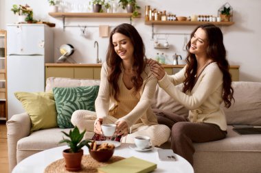 İki güzel ikiz kardeş, sıcak, güneşli bir odada çay içerken aynı kahkahayı paylaşıyorlar..