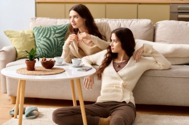 İki güzel kız kardeş, şık evlerinde çay içip kahkaha atıyorlar..