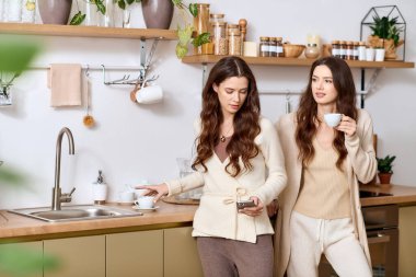 İki sevimli ikiz kardeş modern mutfaklarında sıcak bir anı paylaşıyor, içkilerini yudumluyor ve sohbet ediyorlar..