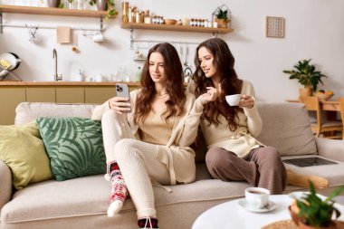 İkiz kardeşler kanepede gülümser, rahat oturma odalarında kahvenin tadını çıkarırlar..