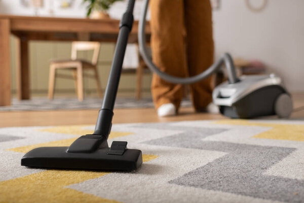A young woman cleans the carpet in her stylish apartment.