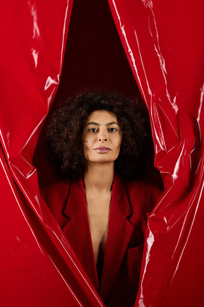A stylish young woman with curly hair poses elegantly against a striking red backdrop.
