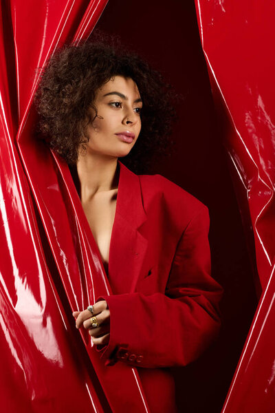 A curly-haired young woman poses confidently in a vibrant red outfit for Valentines Day.