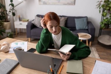 Kızıl saçlı genç bir kadın rahat bir dairede oturur, defterini okumaya dalmıştır..