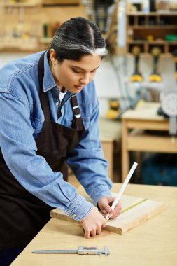 Genç kadın ahşabı ustalıkla ölçüyor, canlı bir atölyede ustalıkla sanatına odaklanıyor..