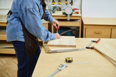 Genç bir kadın, canlı bir atölyede güzel ahşap projeler yapmak için aletler kullanır..