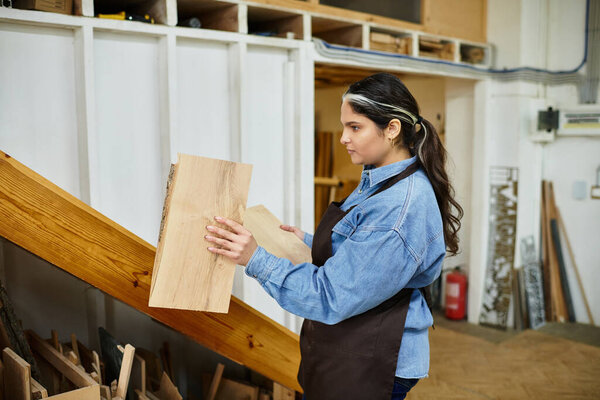 Beautiful young woman thoughtfully examines wood pieces in a creative workshop setting.