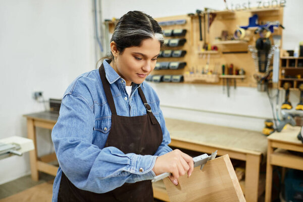 A talented young woman skillfully shapes wood at a cheerful workshop, enjoying her craft.