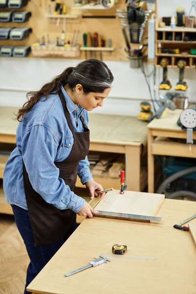 A young and talented woman focuses intently on her woodwork project in a vibrant workshop.