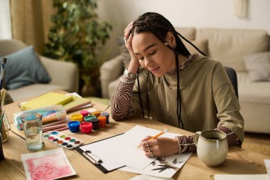 Saçları örgülü genç siyahi bir kadın, rahat dairesinde sanat eserlerine odaklanmış bir masada oturuyor..