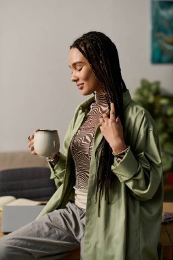 Saçları örgülü genç bir Afrikalı Amerikalı kadın şık yaşam alanında sıcak bir içkinin tadını çıkarıyor..