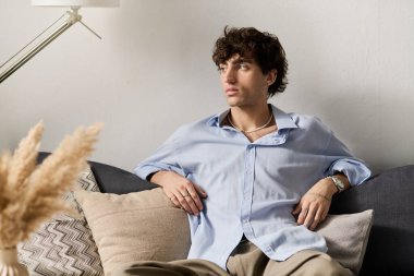 Yakışıklı genç adam rahat rahat oturur şık bir kanepede, düşüncelere dalmış evde..