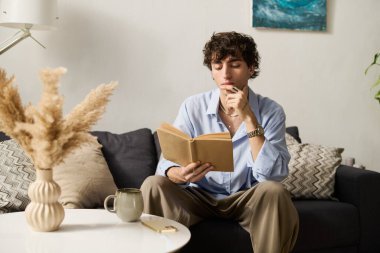 Kıvırcık saçlı adam, şık dairesinde düşünceli bir şekilde oturuyor, elinde fincanı olan bir kitapla..