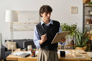 Dairesinde kıvırcık saçlı şık bir genç adam duruyor, tabletine odaklanıyor, fikirler yaratıyor..