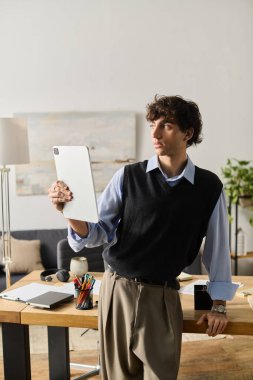 Kıvırcık saçlı genç bir adam modern dairesinde kendinden emin bir şekilde duruyor ve tablete odaklanıyor..