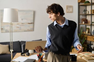 Kıvırcık saçlı şık genç adam, sakin bir anda şık dairesinde fikirleri keşfediyor..