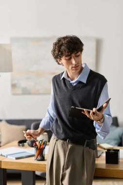 Kıvırcık saçlı şık genç adam modern bir dairede dururken tablete odaklanır..