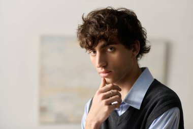 Mavi gömlekli yakışıklı genç adam, düşüncelere dalmış, şık iç mekanında kaybolmuş..