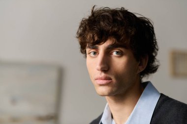 Kıvırcık saçlı genç bir adam, lüks evinin tadını çıkarırken mavi bir gömlek giyer..