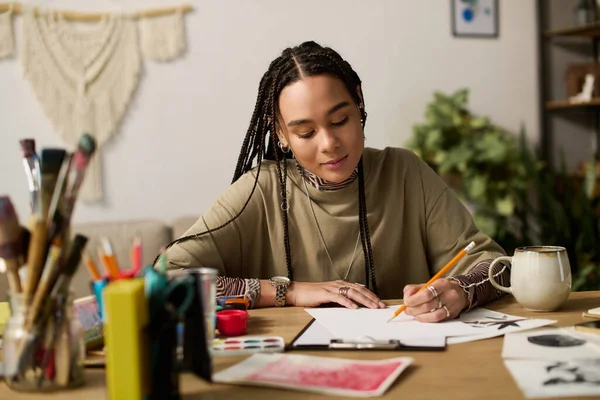 Örgülü genç bir Afrikalı Amerikalı kadın şık ev stüdyosunda resim çizmeye odaklanmış..