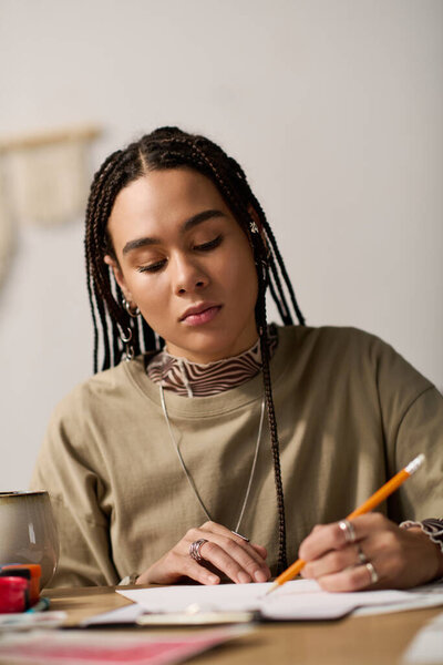 Молодая черная женщина с плетеными волосами творчески рисует в своей шикарной квартире в течение дня.