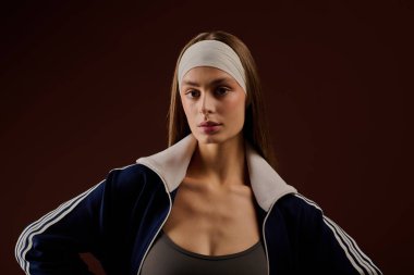 Şık spor kıyafetleri içindeki genç bir kadın kahverengi bir stüdyoda kendine güvenen bir poz verdi..