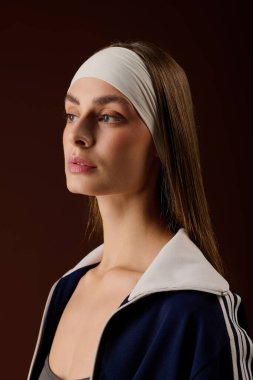 Genç atletik kadın şık spor kıyafetleri ve saç bandıyla rahatça poz veriyor..