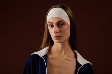 Formda genç bir kadın atletizm stilini rahat kahverengi bir stüdyoda sergiliyor.