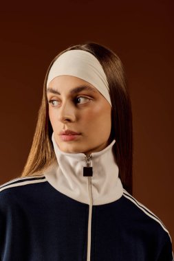 Formda bir kadın model şık bir spor giysi ve sıcak kahverengi bir stüdyoda spor bir saç bandı..