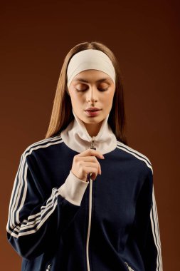 Şık spor kıyafetleri içinde kendine güvenen genç bir kadın atletizmini kahverengi bir stüdyoda sergiliyor..