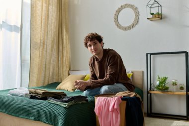 Genç bir adam, şık, parlak bir odada, sıcak bir gülümsemeyle, elbiselerini katlayarak bir yatakta oturuyor..
