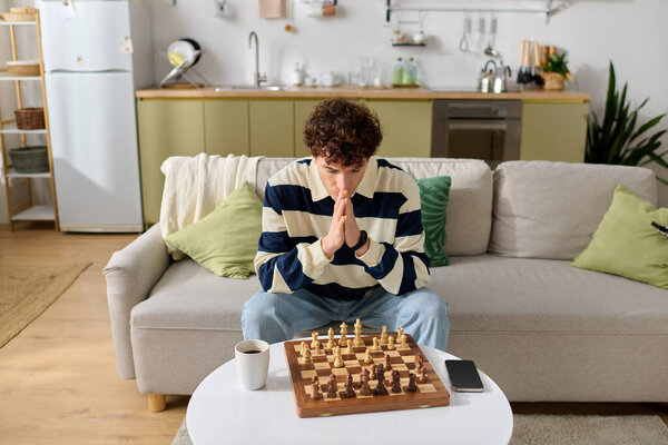 Красивый молодой человек задумчиво сидит за столом, играя в шахматы в комфортном жилом помещении.