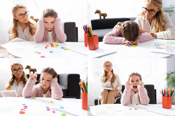 Collage de mujer rubia psicóloga prueba niña paciente con figuras y pinturas - foto de stock