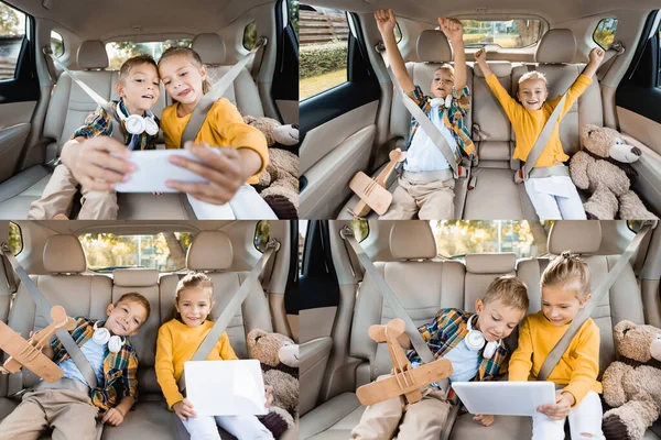 Коллаж веселых детей с помощью устройств возле игрушек на заднем сиденье автомобиля — стоковое фото