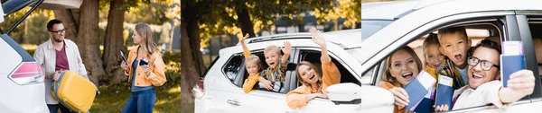 Collage of family with kids waving hands and showing passports with tickets in car, banner — Stock Photo