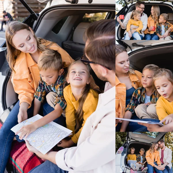 Collage lächelnder Familien mit Karte, Tassen und digitalem Tablet im Kofferraum des Autos — Stockfoto