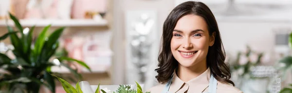 Glücklicher Blumenhändler blickt in die Kamera im Blumenladen auf verschwommenem Hintergrund, Banner — Stockfoto