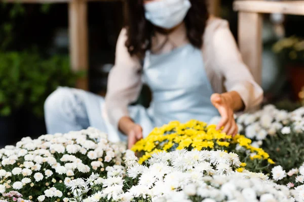 Vue recadrée du fleuriste dans le masque médical touchant chrysanthèmes dans la boutique de fleurs sur fond flou — Photo de stock