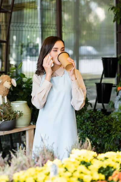 Giovane fiorista bere caffè per andare e parlare sul telefono cellulare vicino a fiori in primo piano sfocato — Foto stock