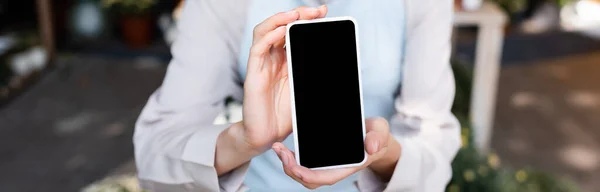 Ausgeschnittene Ansicht eines Blumenhändlers mit Smartphone und leerem Bildschirm auf verschwommenem Hintergrund, Banner — Stockfoto